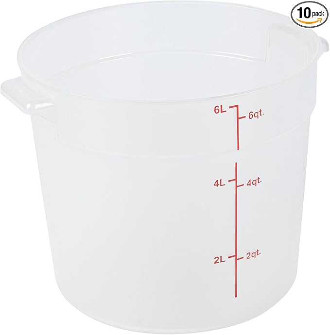 Restaurantware-Met Lux 6 Quart Food Storage Containers, 10 Translucent Storage Containers - Lids Sold Separately, Red Volume Markers, Dishwashable Containers, Side Handles, For Storing Foods