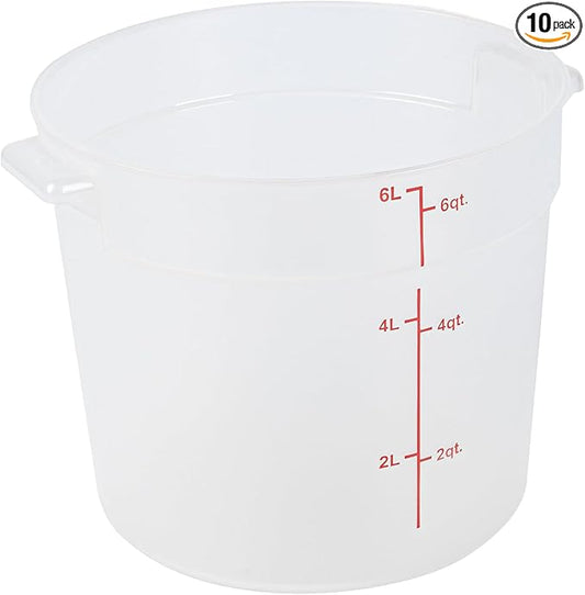Restaurantware-Met Lux 6 Quart Food Storage Containers, 10 Translucent Storage Containers - Lids Sold Separately, Red Volume Markers, Dishwashable Containers, Side Handles, For Storing Foods