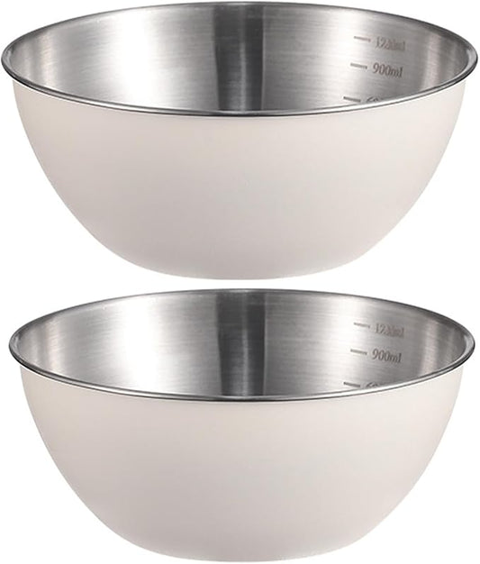 Stainless Steel Salad Bowls Set of 2 Mixing Bowl with Measurement Markings Snacks Bowls, 3.17 Quart White Serving Bowls for Mixing, Cooking, Baking, Prepping and Home Kitchen Food Storage Bowls