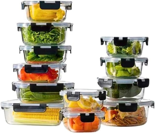 24-Pcs glass food containers set(12 Airtight, Freezer and Microwave Safe Food Storage Containers and 12 Lids), Glass Meal Prep Containers,BPA-free. Microwave,freezer,oven and Dishwasher safe.