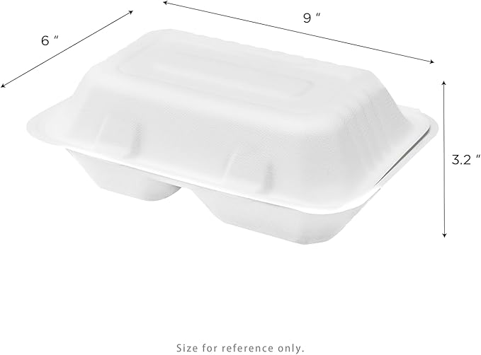 KARAT EARTH Clamshell Take Out Food Containers [9"x6", 200 ct ] 2 Compartments | Compostable To Go Containers, Natural Biodegradable Bagasse | White