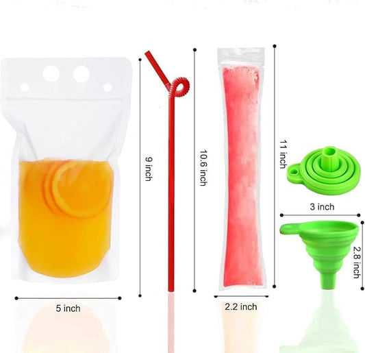 100Pcs double zip pouches drink Bags with 100 Straws,&30 Popsicle Bags Heavy-duty Handheld Foldable Ice Beverage Bags for Smoothies, Cold & Hot Drinks