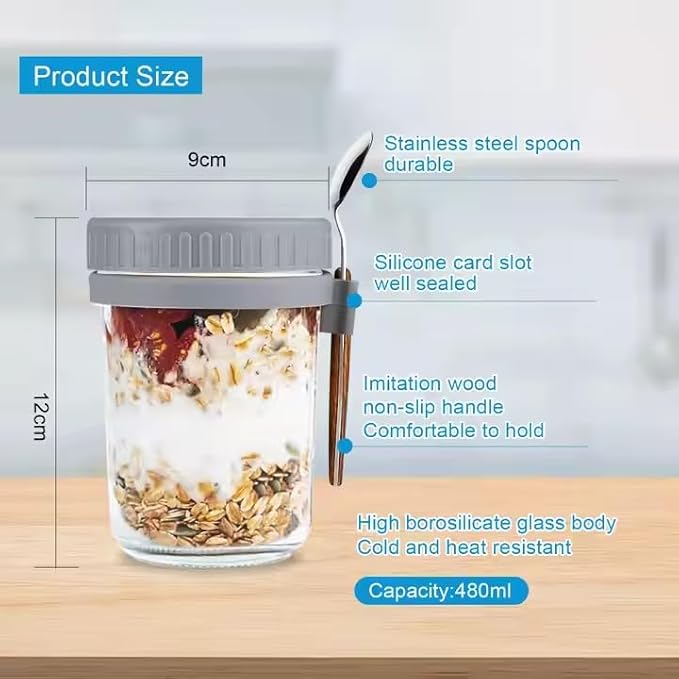4 Pack Overnight Oats Containers with Lids and Spoons, 16 Oz Glass Mason Jars for Oatmeal, Cereal, Fruit, Salad, Yogurt, Leak-Proof Meal Prep Jars, BPA-Free, Dishwasher Safe