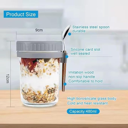 4 Pack Overnight Oats Containers with Lids and Spoons, 16 Oz Glass Mason Jars for Oatmeal, Cereal, Fruit, Salad, Yogurt, Leak-Proof Meal Prep Jars, BPA-Free, Dishwasher Safe