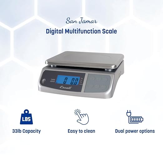 San Jamar Escali Promzr M-Series Digital Scale with Display Hold for Kitchens and Restaurants, Metal, 33 Pound, Silver