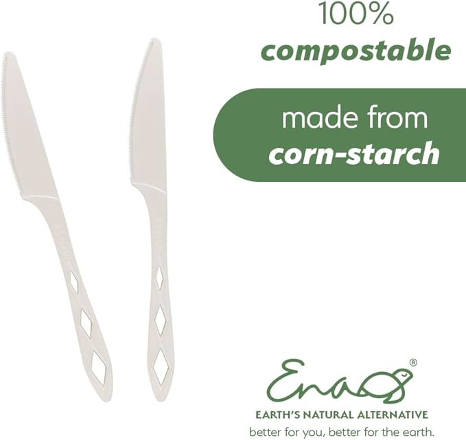 100% Compostable Non Plastic Knives [100 Pack] CPLA Disposable Knives. Non Plastic Silverware Set. Eco-Friendly Cutlery, Off White Flatware, Extra Sturdy Utensils, by Earth's Natural Alternative