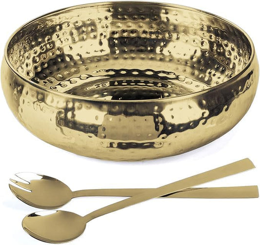 Salad Bowl and Serving Utensils - Hammered Detailing - Stainless Steel Mixing Bowls with Lids- Luxurious Serving Bowls (12" Gold Hammered Salad Bowl)