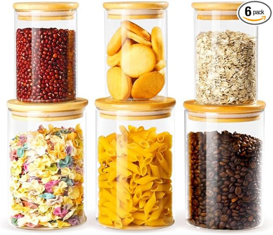 Glass Storage Containers with Bamboo Lids, Includes 3 Set of 20oz Overnight Oats Breakfast Jars, 3 Set of 40oz Food Storage Containers For Cookies Cereal Nuts Coffee Beans (Set of 6)