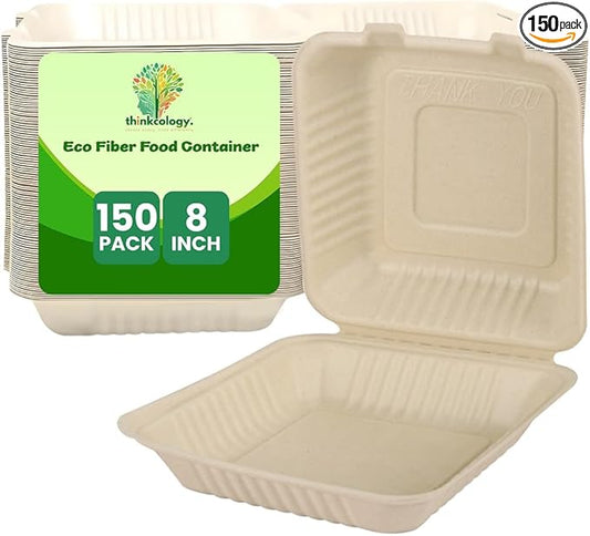 Compostable Clamshell Food Box with Lid (8x8 inch) 150-Pack | Disposable Plates | Made of Biodegradable Sugarcane Bagasse | Heavy-Duty Eco-Friendly Takeout Containers | Natural Brown