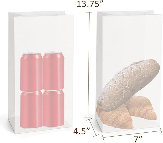 SHOPDAY 12lb Paper Lunch Bags 100 Pack 7x4.5x13.75" Kraft White Grocery Bags Bulk, Bread Sack Lunch Snack Bags