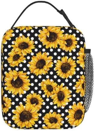 YETTA YANG Sunflower Flower Polka Dot Portable Lunch Bag Insulated Lunch Box Reusable Totes For Women Men Work Picnic Camping