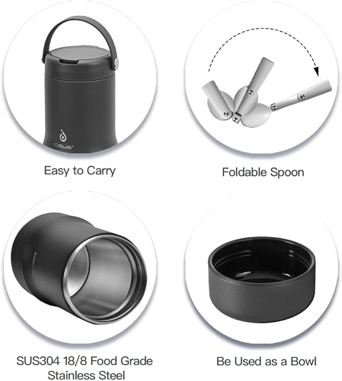 Ideus 20 oz Insulated Soup Thermo with Foldable Spolk and Bowl, All-in-one Stainless Steel Vacuum Thermal Food Jar for Lunch, Leakproof Bento Lunchbox Portable Soup Container, Black
