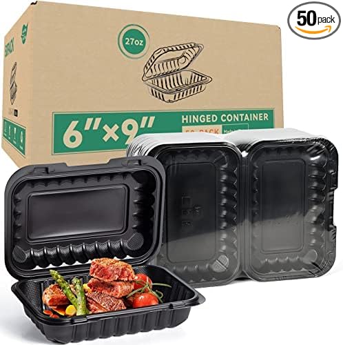 To Go Containers, BPA-Free Plastic Take Out Boxes with Lids 50-Pack 27oz Black MFPP Reusable Meal Prep Container for Food Storage, Hinged Clamshell Design for To-Go Lunch Salad Breakfast