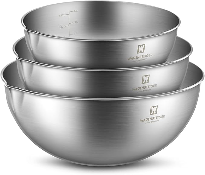 3-Piece Stainless Steel Mixing Bowl Set, Silver Color, Nesting Bowls with Pure Spout, Multipurpose Kitchen Basket, 1.56Quarts/3.17Quarts/4.23Quarts (No Color Added)