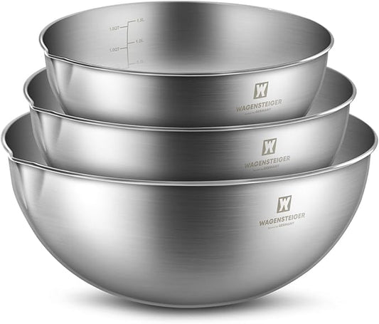 3-Piece Stainless Steel Mixing Bowl Set, Silver Color, Nesting Bowls with Pure Spout, Multipurpose Kitchen Basket, 1.56Quarts/3.17Quarts/4.23Quarts (No Color Added)