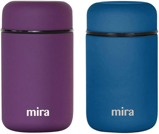 MIRA 2 Pack Insulated Food Jar Thermos for Hot Food & Soup, Compact Stainless Steel Vacuum Lunch Container, 13.5 oz, Purple, Denim