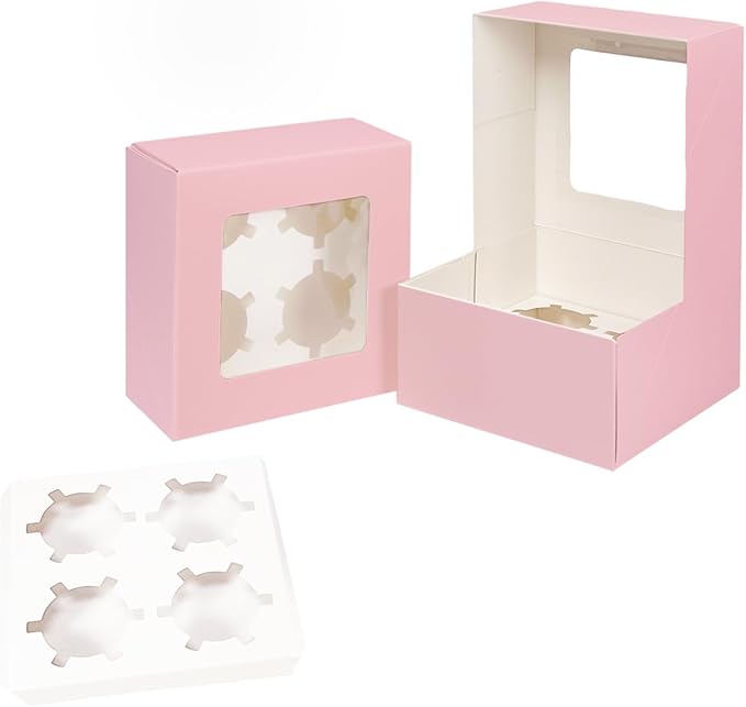qiqee Auto-pop Up 4 Cupcake Boxes with Window Pink 30 Packs Cupcake Box 6.3"x6.3"x3" Bakery Boxes For Cupcakes Carrier, Cupcake Containers