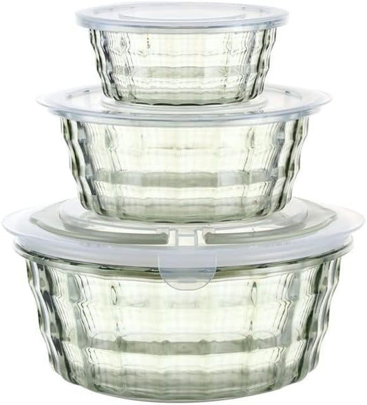 Taiuloo Set of 3 Salad Bowls with Lids, Food Storage Bowls with Lids & Handles, Kitchen Meal Prep Nesting Bowls for Lunch, BPA Free Food Storage Containers, Plastic Salad Serving Bowl Set, Green