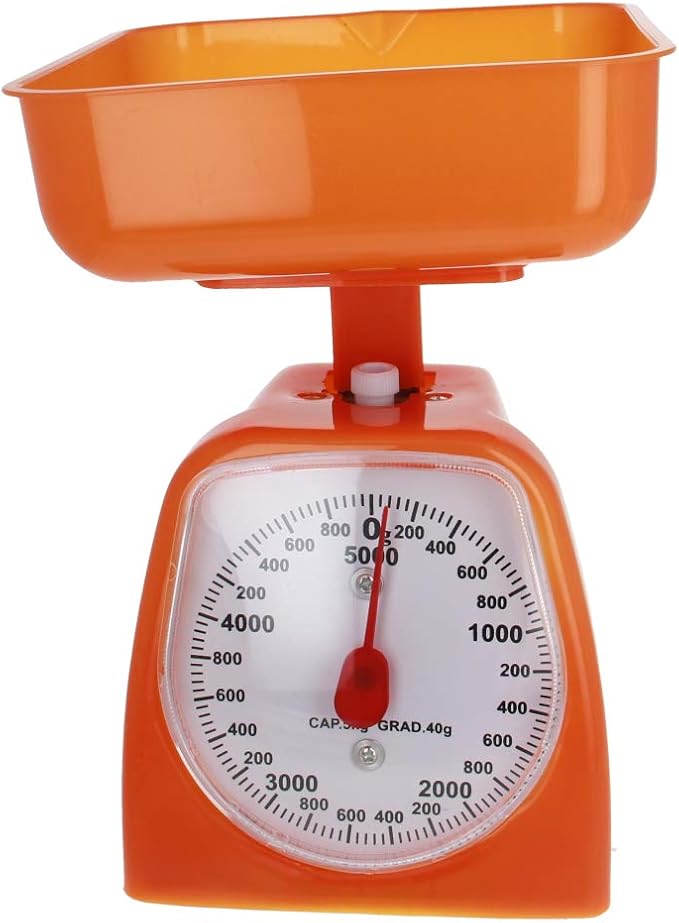 Utoolmart Mechanical Kitchen Scale - Diet Food Scale - with Pounds & Kilogram Measurements - Measuring Range 5000g Accuracy 5g with Tray Orange 1Pcs