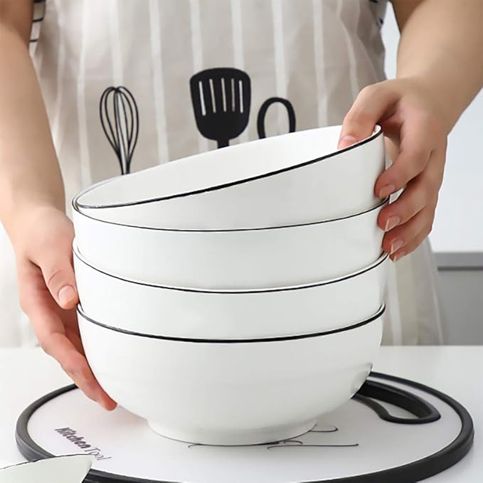 Hesen 40 Ounce Large Soup Bowls, Large Cereal Bowls, Large Pho Bowls, Durable Porcelain Rimmed Off-White Bowls Set of 4, 7 Inch