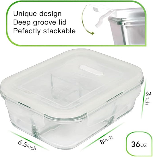 DAS TRUST [5-Pack,36 oz Glass Meal Prep Containers 3 Compartment with Lids, Glass Lunch Containers,Food Prep Lunch Box,Bento Box, Microwave, Oven, Freezer, Dishwasher (4.5 Cups, Clear)