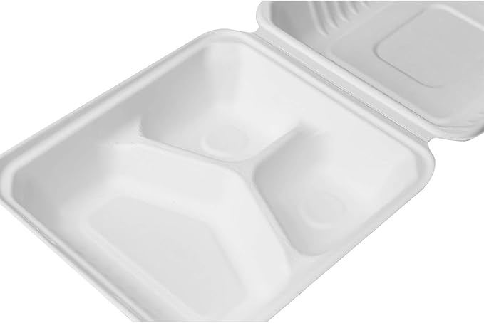 KARAT EARTH Clamshell Take Out Food Containers [8"x8", 200 ct ] 3 Compartments | Compostable To Go Containers, Natural Biodegradable Bagasse | White