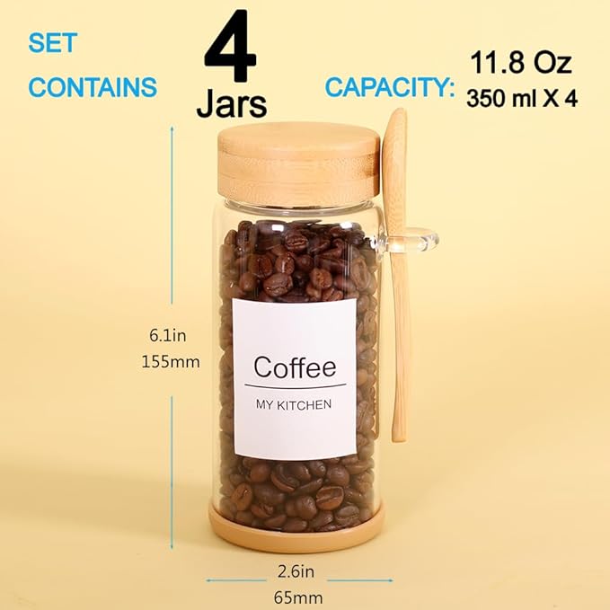SAIOOL 4 Pack Glass Storage Containers with Bamboo Lids and Spoon,Overnight Oats Containers with Lids,with Anti Slip Silicone Base,Seasoning Organizer,Spice Jars (Bamboo 11.8OZ*4)