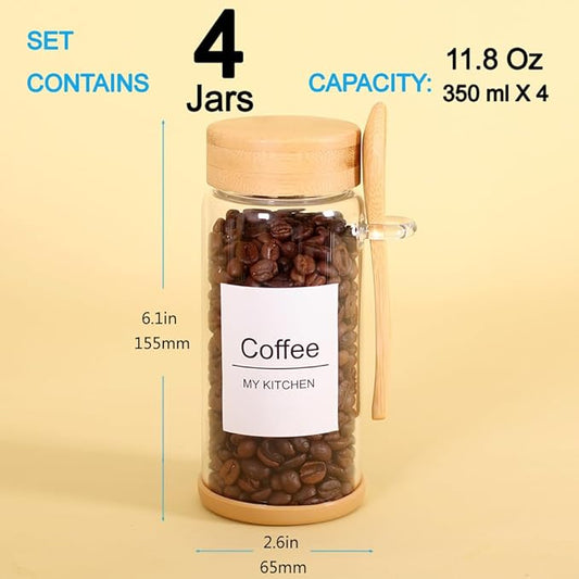 SAIOOL 4 Pack Glass Storage Containers with Bamboo Lids and Spoon,Overnight Oats Containers with Lids,with Anti Slip Silicone Base,Seasoning Organizer,Spice Jars (Bamboo 11.8OZ*4)