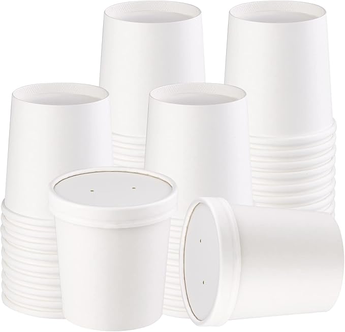 16 oz 50Pcs Paper Soup Containers with Lids, Disposable Soup Cups, Ice Cream Containers, White Disposable Soup Bowls White for Hot or Cold Soup