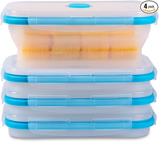 Collapsible Food Storage Containers with Airtight Lid & Vent, 27oz, Kitchen Stacking Silicone Collapsible Meal Prep Container Set for Leftover, Microwave Freezer Dishwasher Safe, Translucent, Set of 4