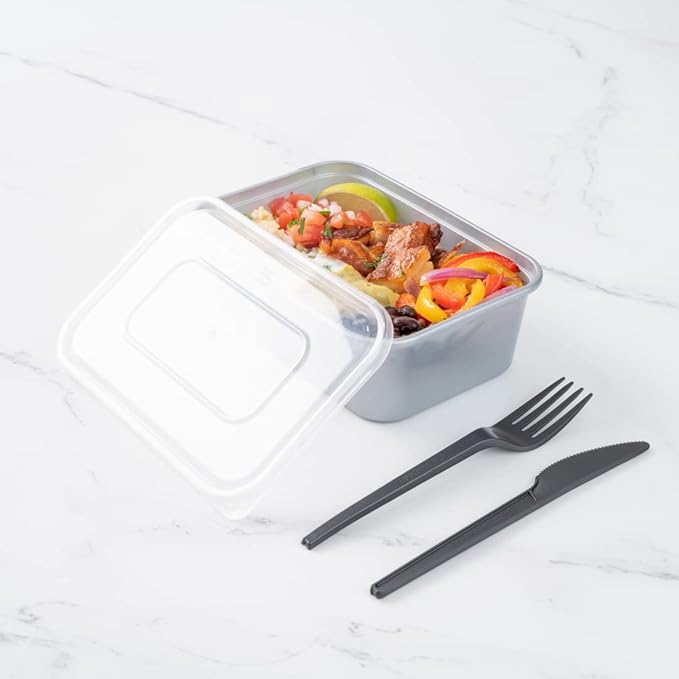 Restaurantware Futura 25 oz Rectangle Silver Plastic Take Out Container - with Clear Lid, Microwavable - 6 3/4" x 4 1/2" x 2 1/4" - 100 count box