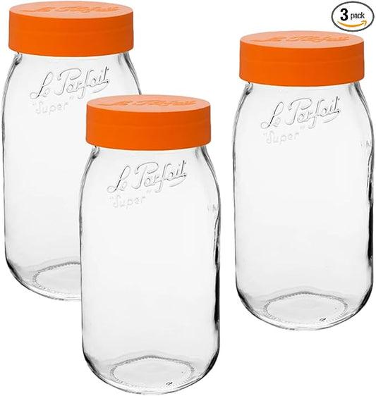 Le Parfait Screw Top Jar Wide Mouth French Glass Jar | Ideal for Food and Soup Storage, Canning, Flour, Brown Sugar, and other Baking Supplies (2L/64oz, Pack of 3, Orange)