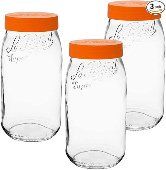 Le Parfait Screw Top Jar Wide Mouth French Glass Jar | Ideal for Food and Soup Storage, Canning, Flour, Brown Sugar, and other Baking Supplies (3L/96oz, Pack of 3, Orange)