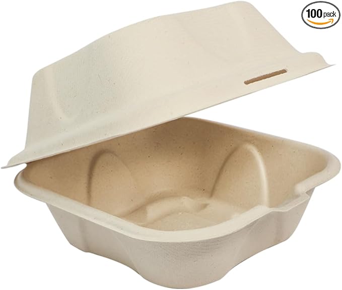 World Centric Compostable Fiber Burger Box 6x6x3 - Plant Fiber with no Added PFAS - 100 Pack