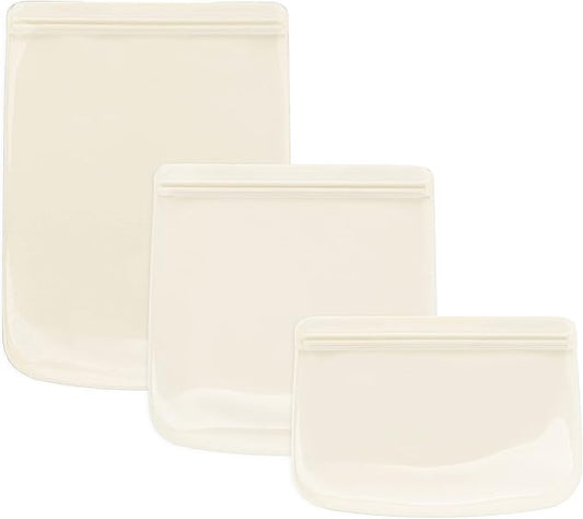 W&P Porter Silicone Reusable Storage Bags, Flat Variety 3 Pack (10oz, 34oz, 46oz), Cream, Food Storage Container, Microwave and Dishwasher Safe, Easy Cleaning