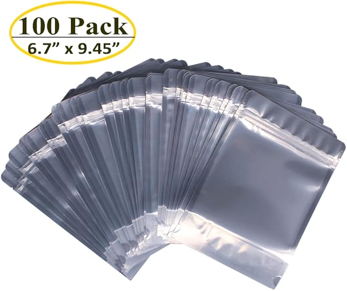 100 Pack 6.7 x 9.45 Inch Stand Up Pouch Bags Zipper Mylar Bags Clear Front with Aluminum Foil Back Reusable Food Storage Bags for Multipurpose with Gusset Bottom(5.5mil Thickness)