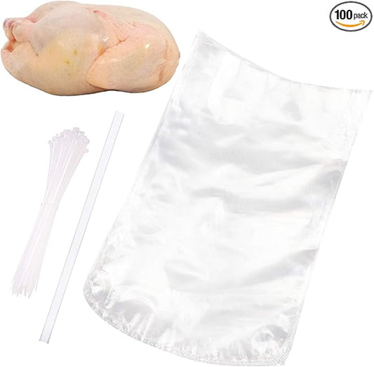 Poultry Shrink Bags,100 Pack 10x16 Inches Clear Poultry Heat Shrink Bags Freezer With 100 Zip Ties for Chickens,Rabbits