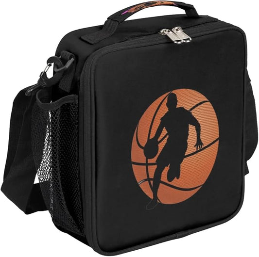 Lunch Box for Kids Boys Girls Black Basketball Kids Lunch Bag Insulated Lunch Bag Tote with Adjustable Shoulder Strap Teens Lunchbox Cooler School Picnic