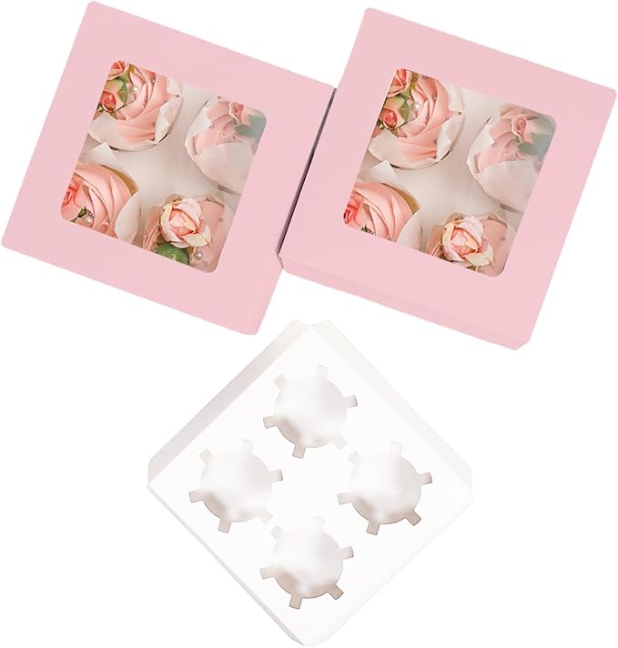 qiqee Auto-pop Up 4 Cupcake Boxes with Window Pink 30 Packs Cupcake Box 6.3"x6.3"x3" Bakery Boxes For Cupcakes Carrier, Cupcake Containers