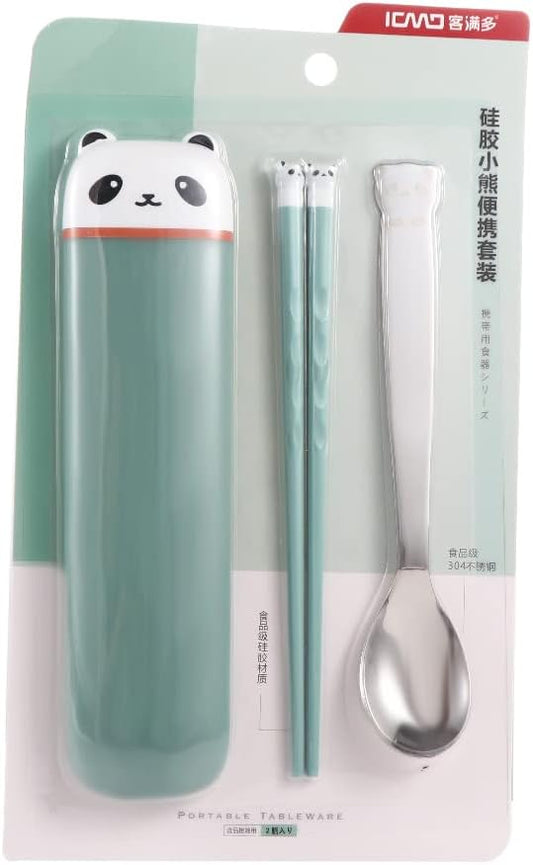 Portable Travel Utensils Set with Case, Reusable Chopsticks Spoon Cutlery Set with Case, Plastic & Stainless Steel & Silicone, Cute Panda Head Premium Flatware Set for Daily Use