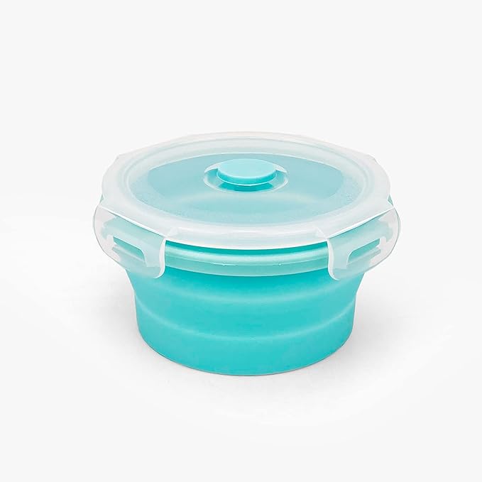 CCyanzi 3piece Round Collapsible Bowl with Lids, Silicone Food Storage Containers, Microwave & Freezer Safe, Space Saving for Kitchen Cabinet and Camping Backpack,(Blue)