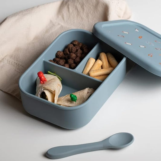 Silicone Bento Box For Kids And Toddlers - 3 Leakproof Compartments - Dishwasher, Oven And Microwave Safe - Eco friendly BPA free - For Daycare Elementary School Lunch, Snacks (Space Blue)