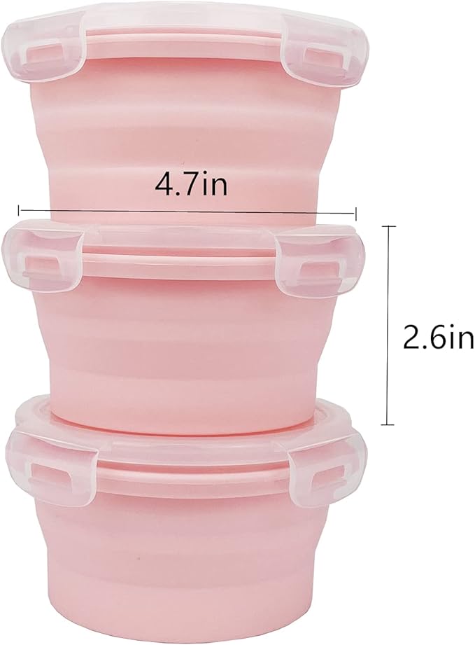 CCyanzi 3piece Round Collapsible Bowl with Lids, Silicone Food Storage Containers, Microwave & Freezer Safe, Space Saving for Kitchen Cabinet and Camping Backpack,(Pink)