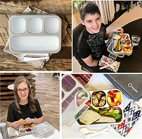kinsho Bento-Box with Lunch Bag and Ice Pack Set. Containers for Kids Adults Boys Girls Snacks and Lunches. 4 Compartments, Leakproof Portion Container Boxes Insulated Bags for School, Grey