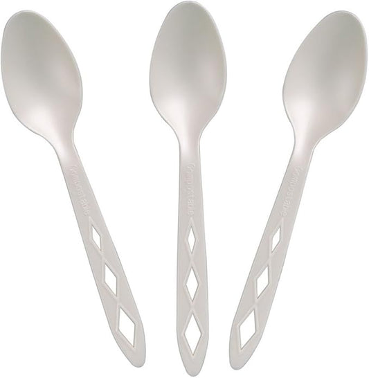 100% Compostable Non Plastic Spoons [200 Pack] CPLA Disposable Spoons. Non Plastic Silverware Set. Eco-Friendly Cutlery, Off White Flatware, Extra Sturdy Utensils, by Earth's Natural Alternative