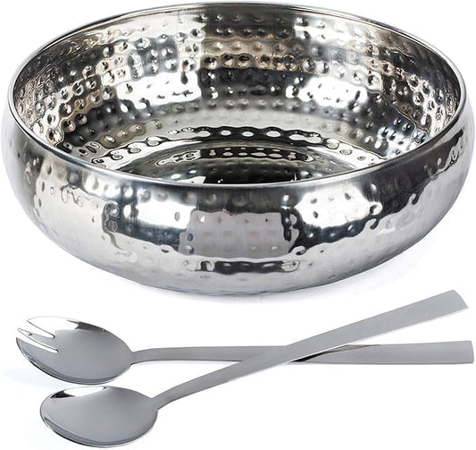 Salad Bowl and Serving Utensils - Hammered Detailing - Stainless Steel Mixing Bowls with Lids- Luxurious Serving Bowls (12" Silver Hammered Salad Bowl)