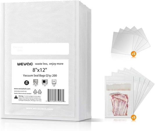 8" x 12" Precut Vacuum Sealer Bags, 200 Count, Includes 5 Liquid Block Bags & 5 Bone Guard Pieces, Heavy Duty for Food Storage, Sous Vide & Meal Prep, Wevac