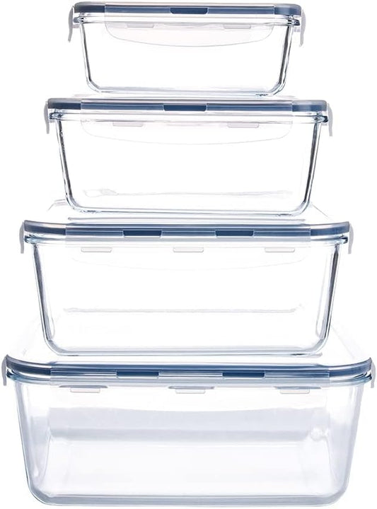 Extra Large Glass Food Storage Containers with Lids, Set-8-Piece Big Size Food Storage Box, Ideal for Storing Food, Vegetables, Fruits, Baking Cake & lot of other Tasty Food (Rectangular)
