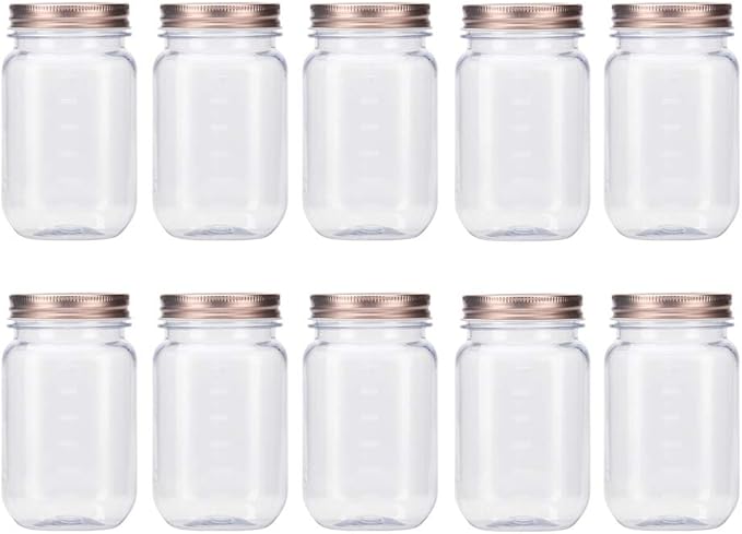 Novelinks 16 Ounce Clear Plastic Jars with Rose Gold Lids - Refillable Round Containers for Kitchen & Household Storage - BPA Free (10 Pack)