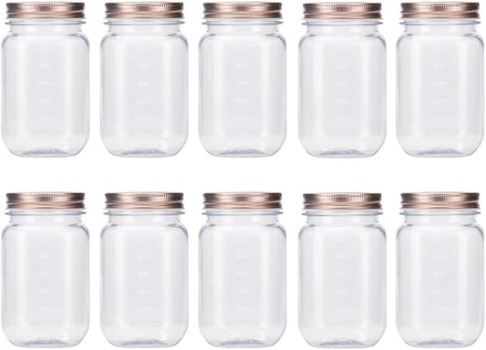 Novelinks 16 Ounce Clear Plastic Jars with Rose Gold Lids - Refillable Round Containers for Kitchen & Household Storage - BPA Free (10 Pack)